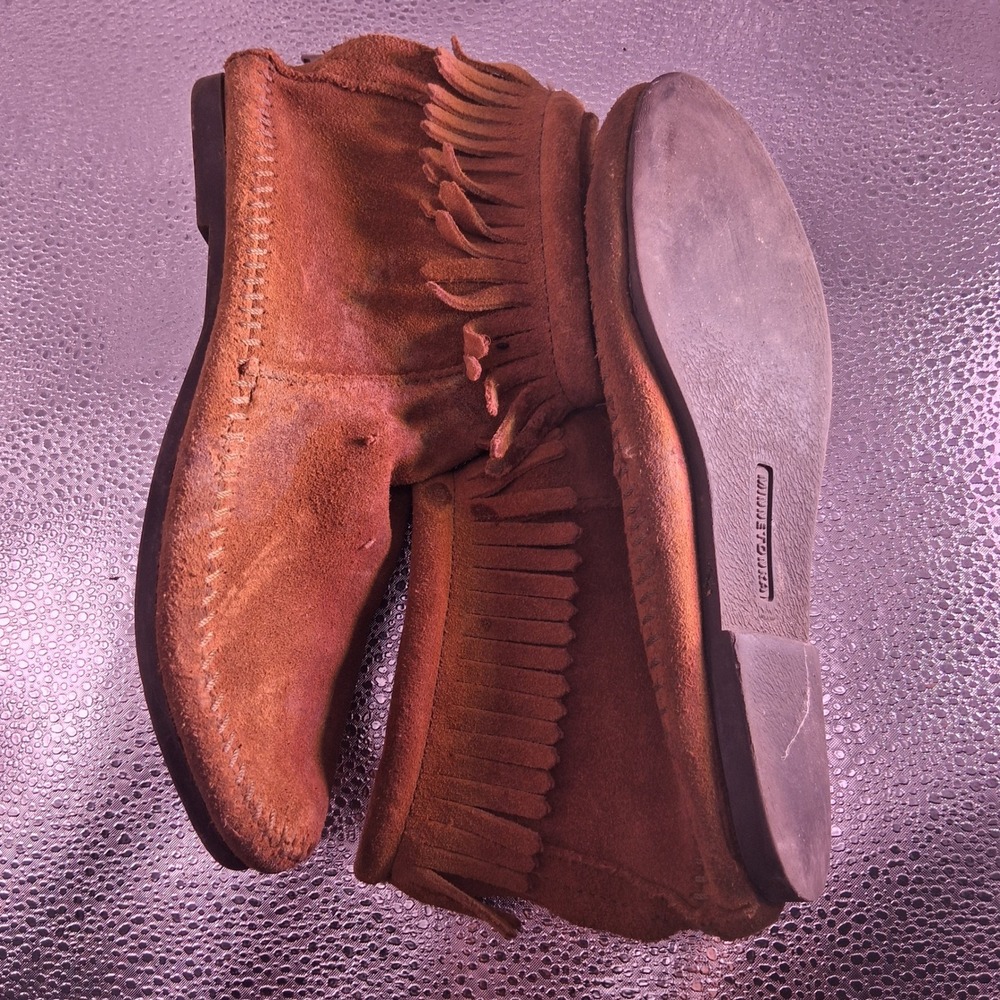 Minnetonka Womens Moccasin Boots 7 Brown Suede Fringe Hi Top Back Zip Western